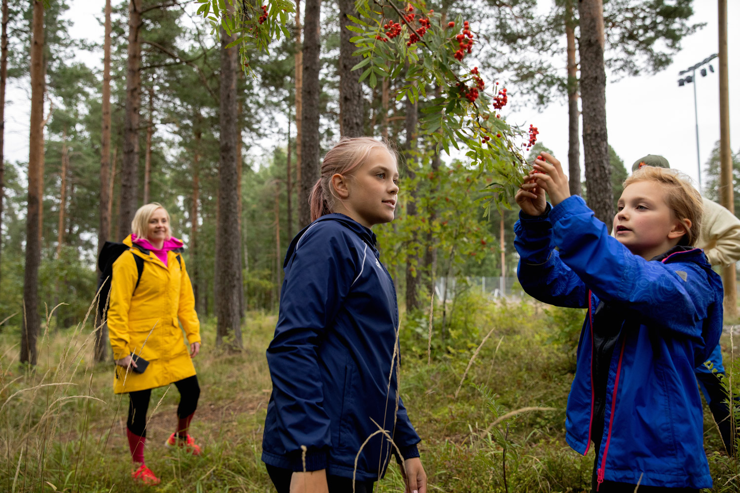 Kaksi lasta tutustumassa luontoon, kaksi aikuista taustalla.